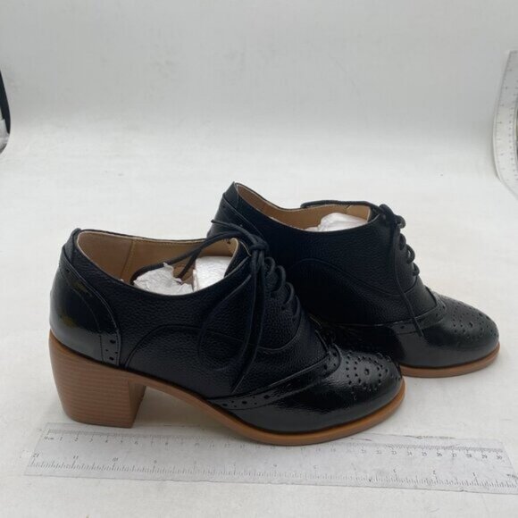 FOWT Women's Perforated Lace-Up Oxfords Almond Toe Mid Chunky Heel Black Shoes - Picture 4 of 8